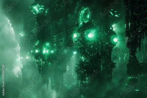 Mystical Green Futuristic Cityscape with Ethereal Glow and Abstract Sci Fi Structures