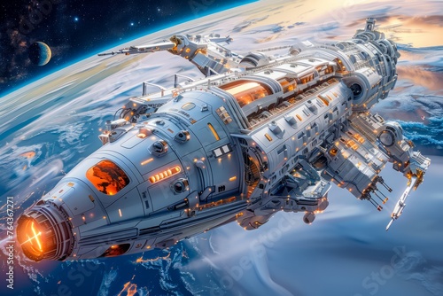 Wallpaper Mural Spectacular Sci Fi Spacecraft Orbiting Planetary Body in Distant Cosmos with Vibrant Starscape Torontodigital.ca