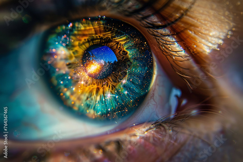 eye iris with digital reflections and futuristic elements, technology in vision, futuristic artwork