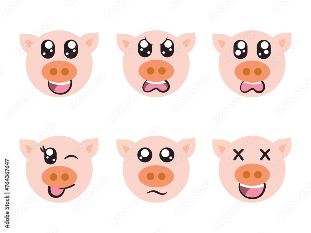 pink color head piggy face character expression smile laughing happy sad blink eye and cheerful gesture