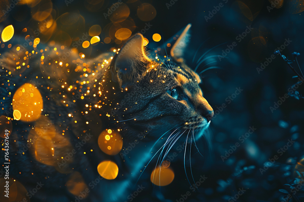cat made of yellow, golden and orange light, smoke swirling, light effect, glow, fantasy style