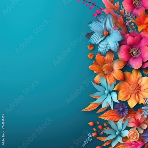 Vibrant flowers bloom creatively on an electric blue canvas. Copy spce © Виктория Попова
