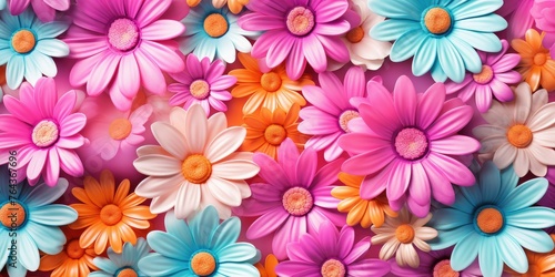 Colorful daisy petals stacked creatively on a table
