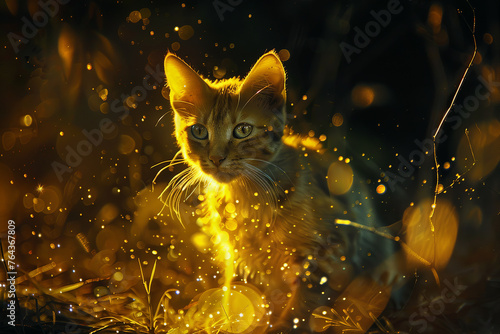cat made of yellow, golden and orange light, smoke swirling, light effect, glow, fantasy style
