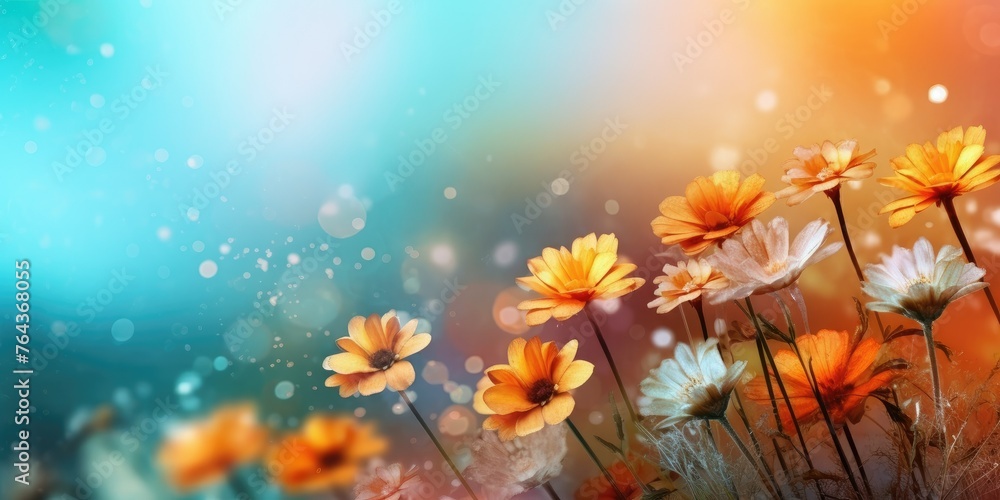 Colorful flowers bloom in a field against a blue and orange backdrop. Copy space