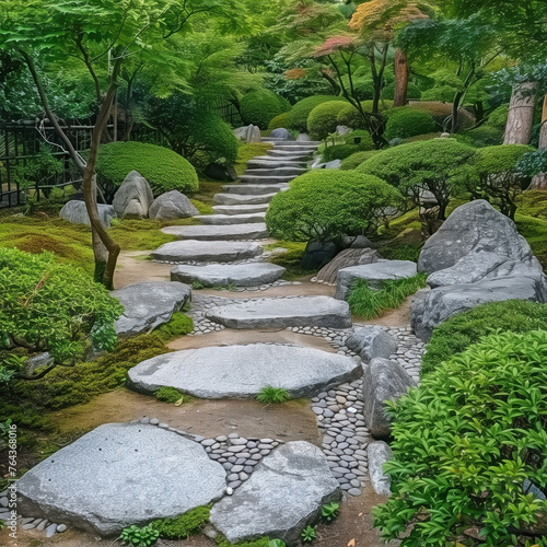 Tranquil Pathway in Lush Japanese Garden