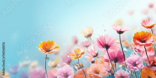 Vibrant flowers bloom under the blue sky, creating a happy natural landscape