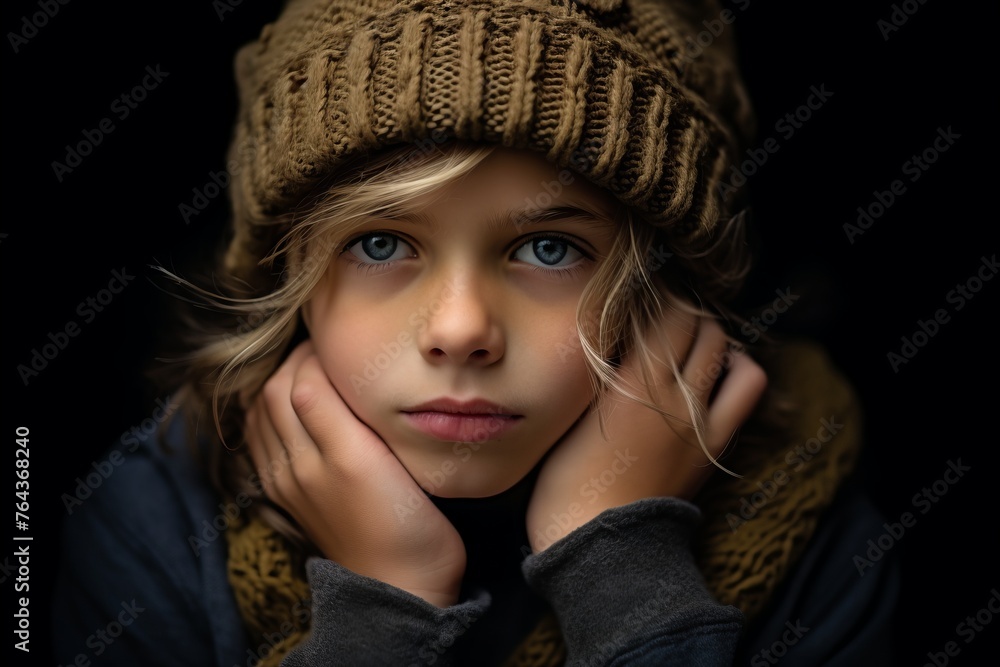 portrait of a little girl in a knitted hat and scarf on a black background portrait of a little girl in a knitted hat and scarf on a black background