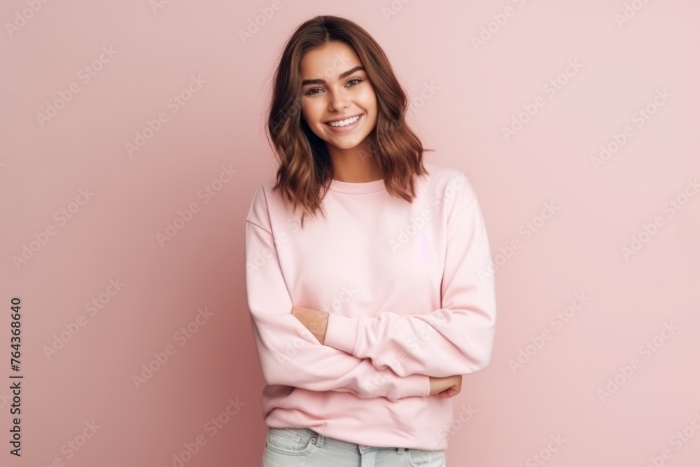 Portrait of a smiling young woman with folded arms over pink background Portrait of a smiling young woman with folded arms over pink background