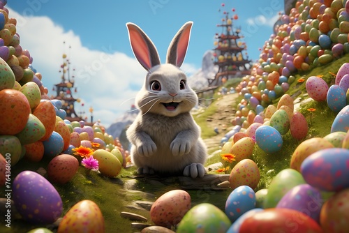 Easter day concept. Bunny with colorful eggs on grass