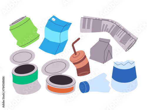 leftover tin can bottle food paper bag coffee cup newspaper and milk packaging trash garbage
