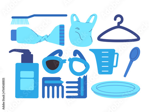 leftover toothpaste toothbrush plastic hanger bottle pump comb spoon plate measuring cup and eyeglasses broken cracked