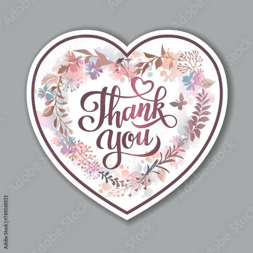 Thank You heart sticker in watercolor style with lettering. Floral design for stickers, greeting card, invitation, cover and advertisement.