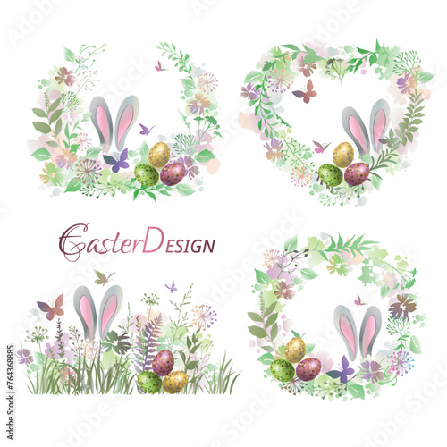 Set of floral backgrounds with bunny ears , wildflowers, eggs and butterflies. Easter backgrounds. © VETOCHKA