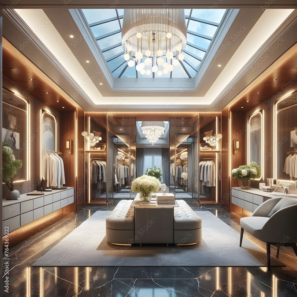 Modern dressing room home interior, luxurious design and neat layout. Generative AI
