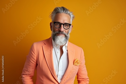 Portrait of a handsome senior man with gray beard and mustache wearing stylish orange suit and eyeglasses over yellow background