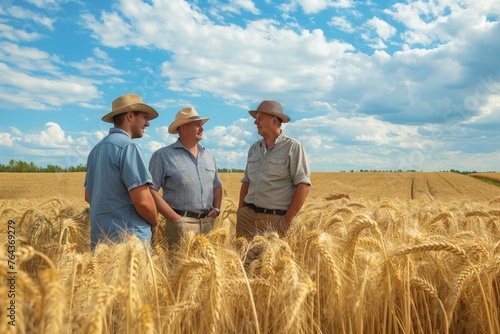 Three farmers discussing in a wheat field under the open sky  collaboration and expertise in agriculture  Concept of rural life and crop cultivation
