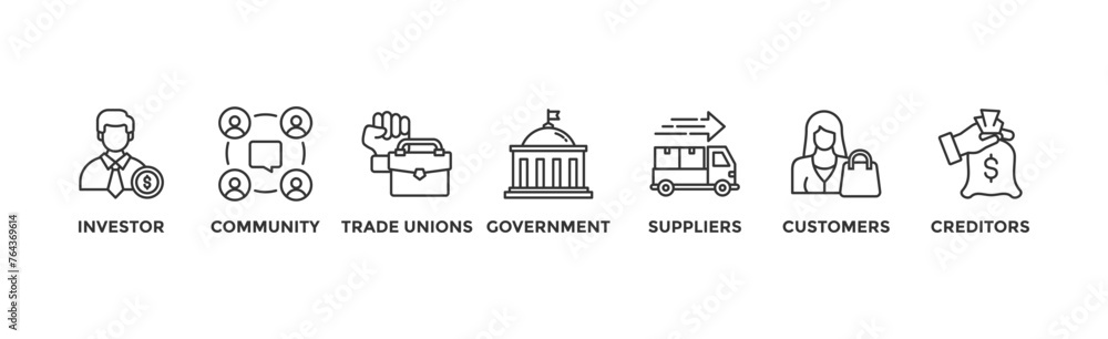 Stakeholder relationship banner web icon vector illustration concept for stakeholder, investor, government, and creditors with icon of community, trade unions, suppliers, and customers	