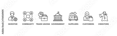 Stakeholder relationship banner web icon vector illustration concept for stakeholder, investor, government, and creditors with icon of community, trade unions, suppliers, and customers	