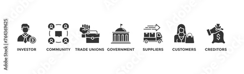 Stakeholder relationship banner web icon vector illustration concept for stakeholder, investor, government, and creditors with icon of community, trade unions, suppliers, and customers	