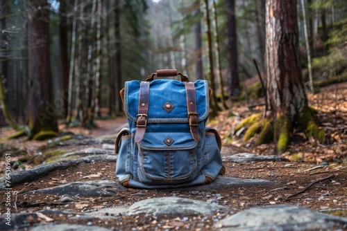 Blue canvas backpack with leather straps placed on a forest trail with mossy trees and roots