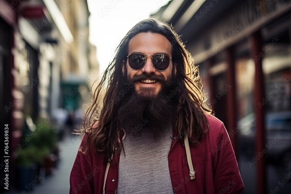 Portrait of a young man with long beard and sunglasses in the city Portrait of a young man with long beard and sunglasses in the city