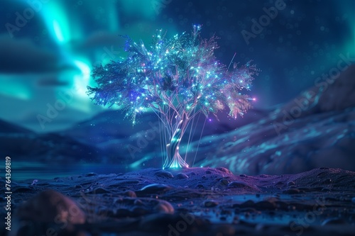 Digital Tree with Fiber Optic Leaves Reflecting the Northern Lights in a Remote Wildernes fiber optic leaves reflecting the mesmerizing colors of the Northern Lights. photo