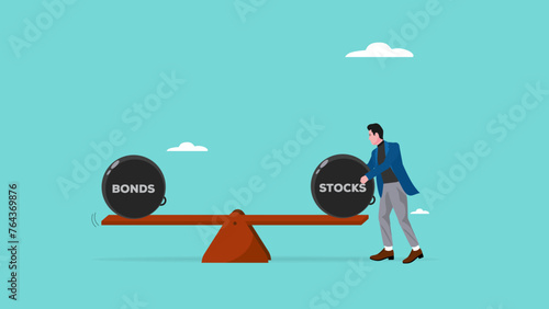 stock and bonds in balance illustration, weight ball on seesaw that symbolize harmony and equity between Stock and bonds, businessman balancing the weight of stock and bonds on a seesaw illustration