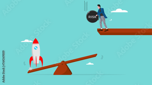 take high risks to get business success, investor risk appetite in securities and investment asset to get high reward, businessman drop weights onto a seesaw to launch a startup business rocket