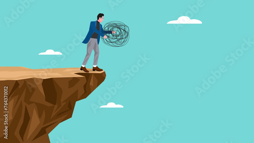 relaxation to relieve anxiety or stress from brain, businessman dropping stress messy line ball from cliff to abyss to relieve fatigue vector illustration