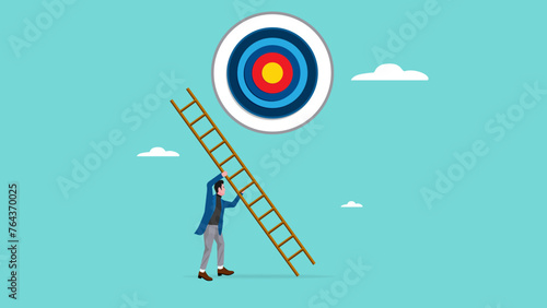 build a ladder of success towards business targets or goals, creative businessman erecting ladder to target board symbol of success or business goals, strategy to achieve target concept illustration
