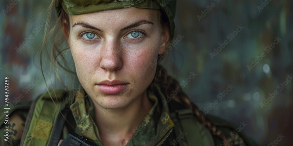 portrait of a fair skinned Slavic military woman, 25 years old.