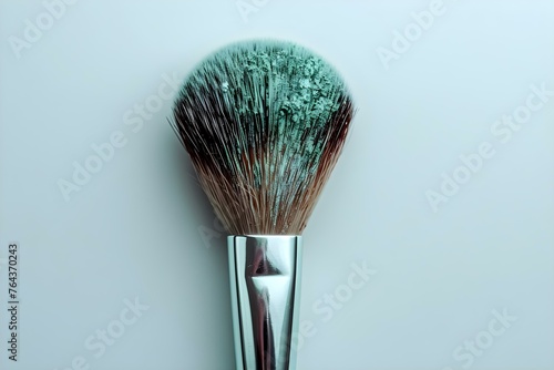 Professional Photo of Pale Mint Makeup Brush with Cosmetics on White Background, Centered with Copy Space. Concept Beauty Product Photography, Mint Makeup Brush, Cosmetics, White Background
