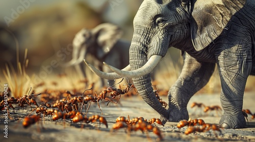  ants marching forward in unison, facing off against a formidable elephant, symbolizing small businesses challenging industry giants like Mammoth Corporation in a fierce battle for market share photo