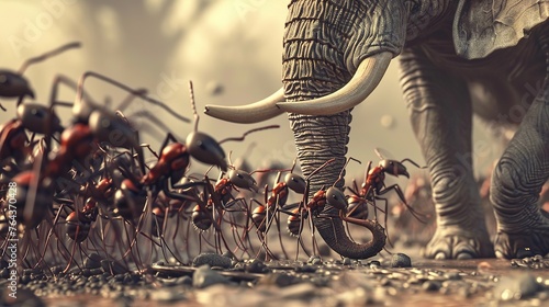 ants marching forward in unison, facing off against a formidable elephant, symbolizing small businesses challenging industry giants like Mammoth Corporation in a fierce battle for market share photo