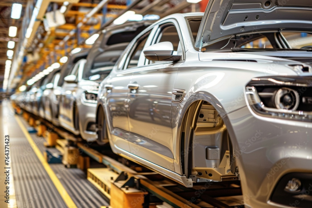 A line of cars are being built in a factory A line of cars are being built in a factory