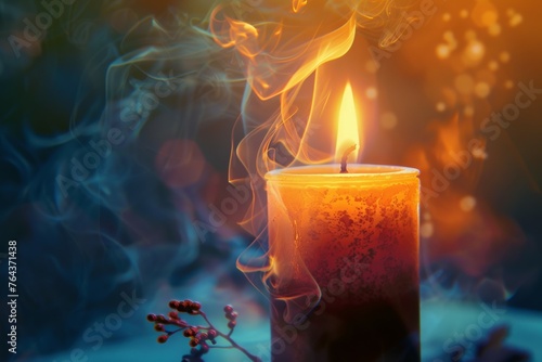 A candle is lit in a room with smoke and a blue background