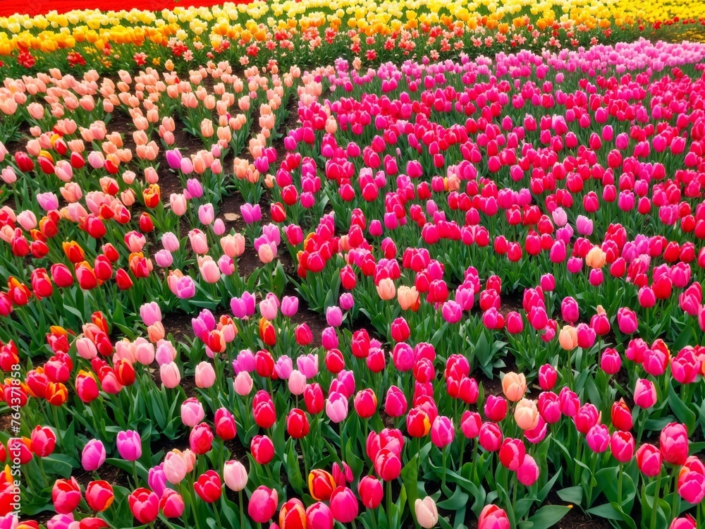 Vibrant Tulip Meadow: Nature's Color Palette Beneath Azure Sky