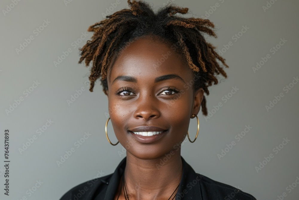 A woman with brown hair and gold hoop earrings is smiling for the camera A woman with brown hair and gold hoop earrings is smiling for the camera
