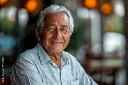 A man with a white shirt and gray hair is smiling