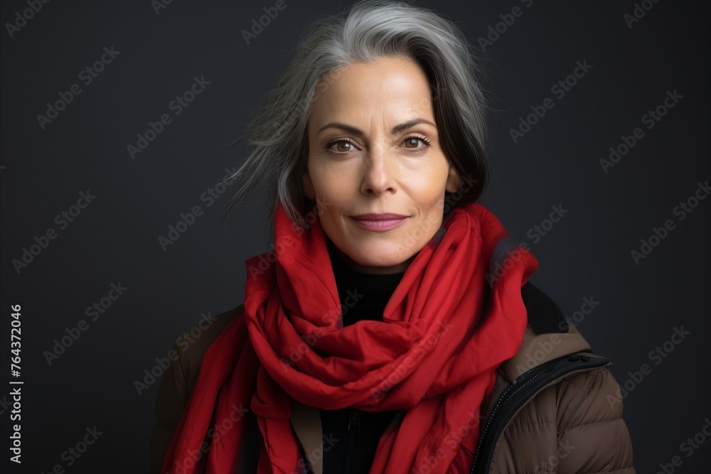 Portrait of a beautiful mature woman with gray hair wearing a red scarf Portrait of a beautiful mature woman with gray hair wearing a red scarf