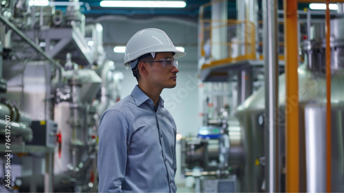 modern operational technology, young businessman wearing hard hat in a clean modern manufacturing plant