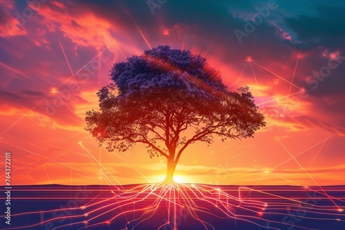 Geothermal Energy Tree at Sunset: Earth Day's Warmth from Within tree rooted in geothermal energy lines, set against a vibrant sunset.
