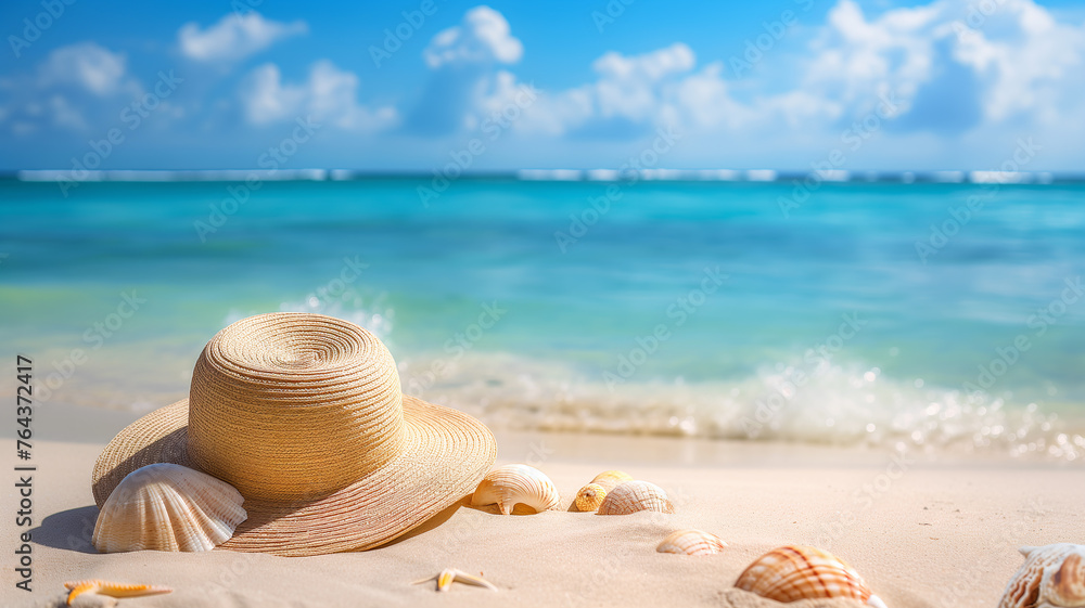 A straw hat rests among scattered seashells on a white sandy beach, with turquoise ocean waters and a clear blue sky in the background - Generative AI A straw hat rests among scattered seashells on a white sandy beach, with turquoise ocean waters and a clear blue sky in the background - Generative AI