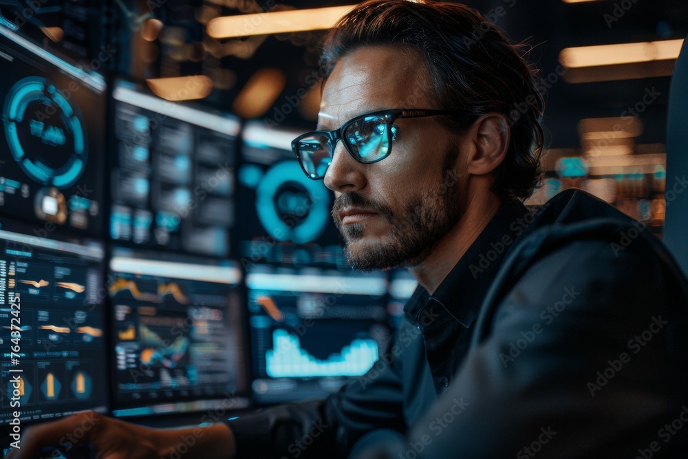 A man is sitting in front of a computer monitor with a serious look on his face A man is sitting in front of a computer monitor with a serious look on his face