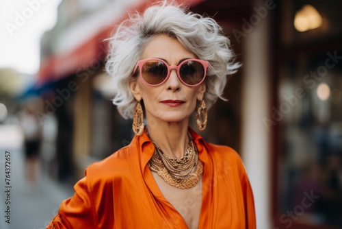 Outdoor portrait of beautiful senior woman with short white hair wearing stylish sunglasses.