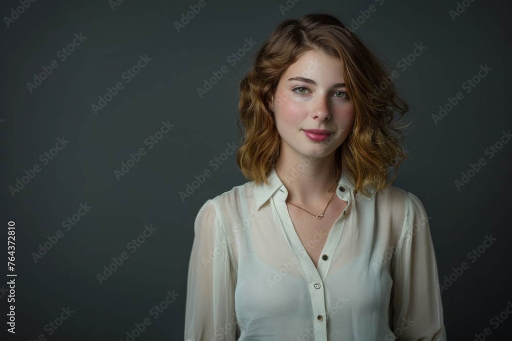 A woman with short brown hair and a white shirt is smiling for the camera A woman with short brown hair and a white shirt is smiling for the camera