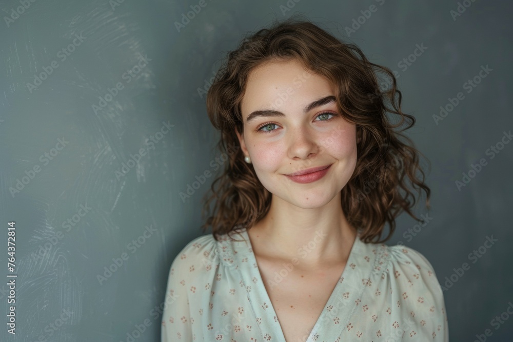 A woman with long brown hair and a green eye is smiling at the camera A woman with long brown hair and a green eye is smiling at the camera