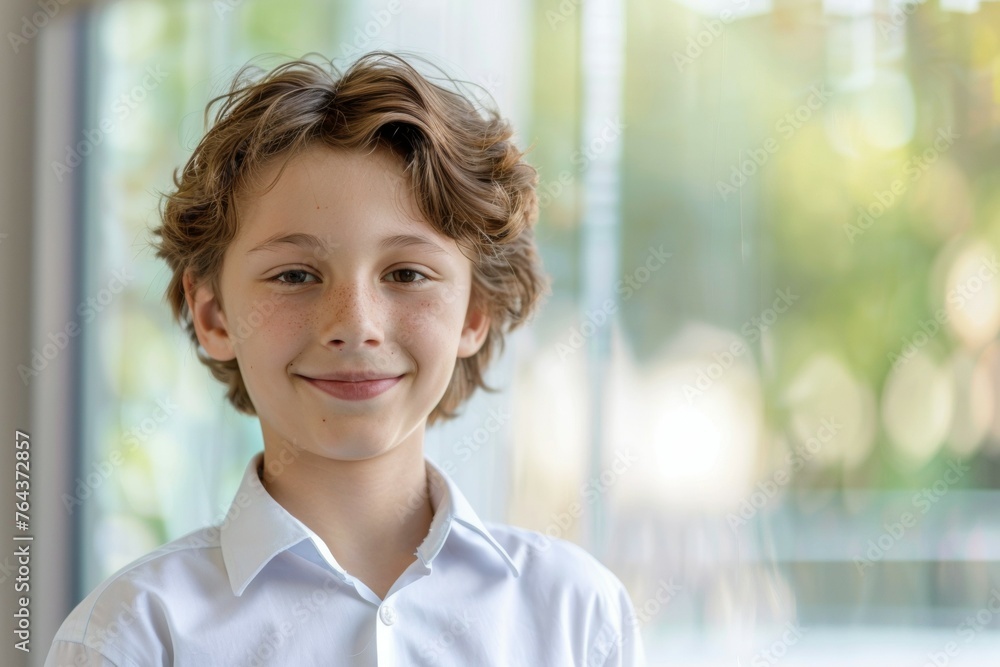 A young boy with a smile on his face is wearing a white shirt