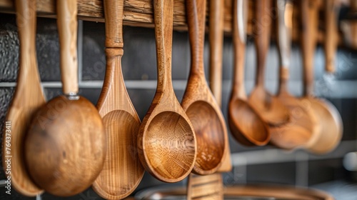 A row of wooden spoons and measuring cups hanging on a wall, AI